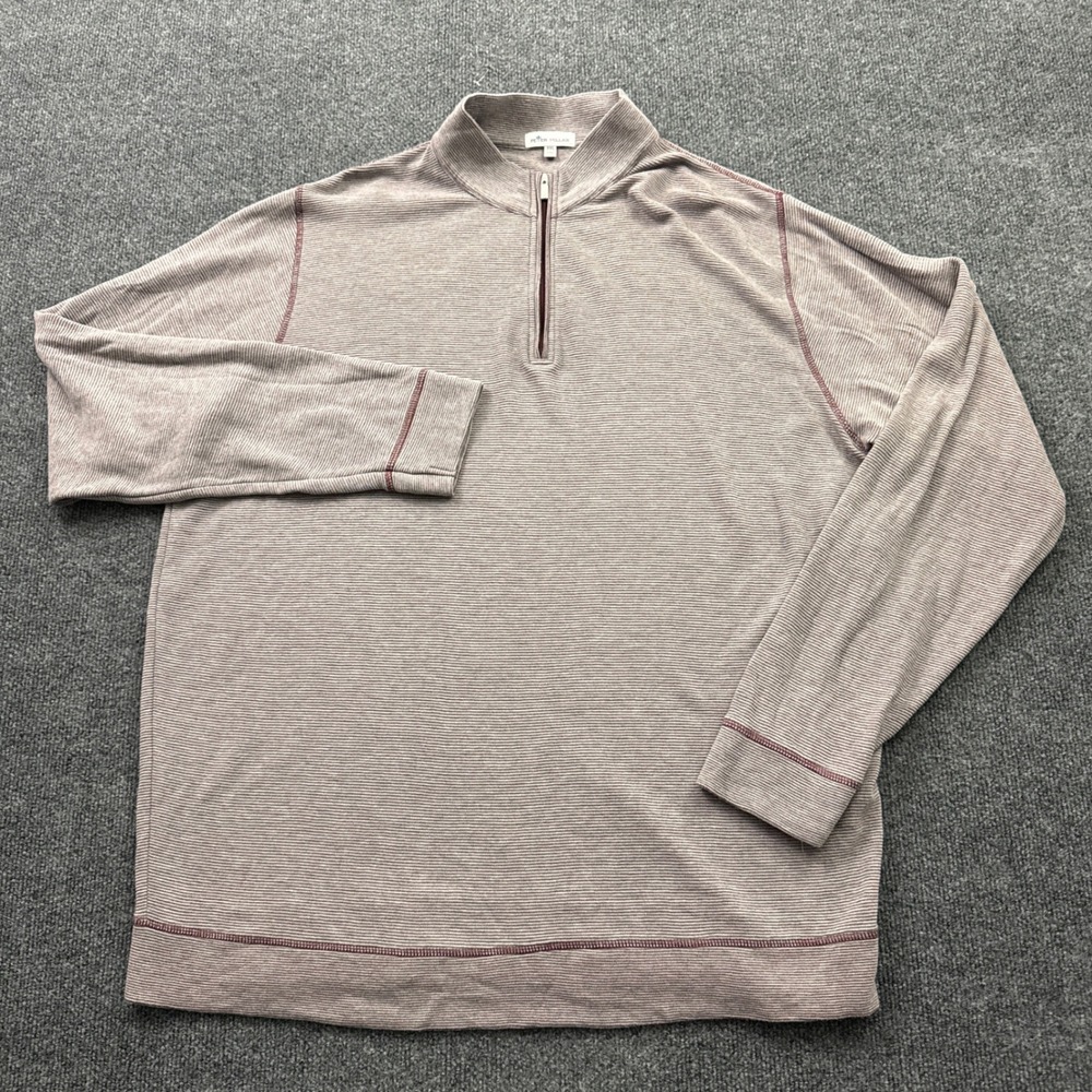 Peter Millar Quarter Zip Pullover Mens XXL Taupe Burgundy Stripe Ribbed Knit